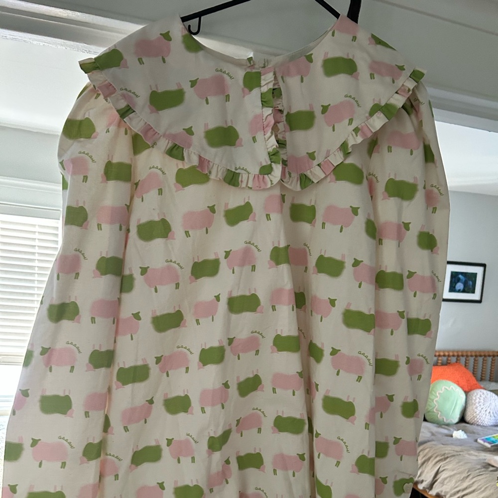 Lisa Says Gah Pink and Green sheep patterned shift dress